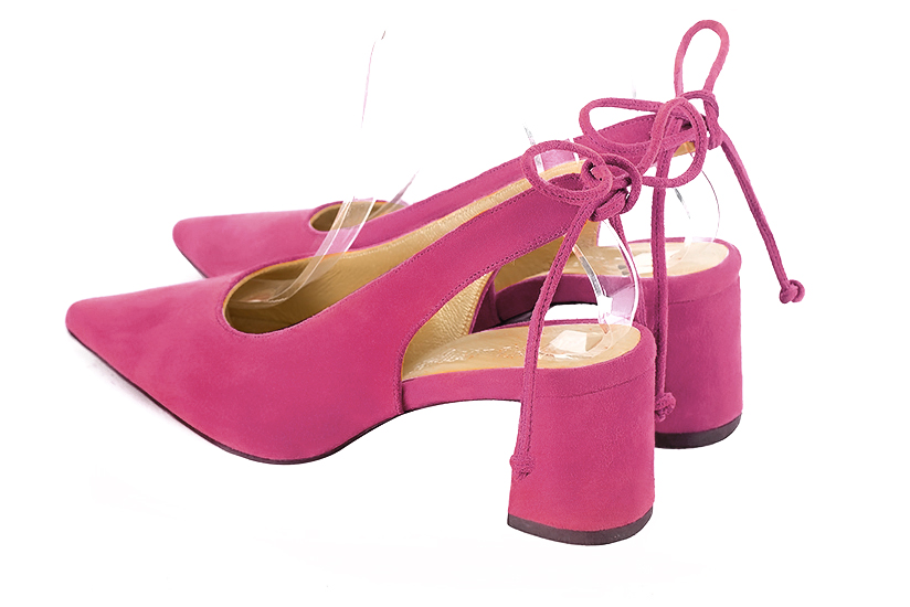 Fuschia pink women's slingback shoes. Pointed toe. Medium flare heels. Rear view - Florence KOOIJMAN